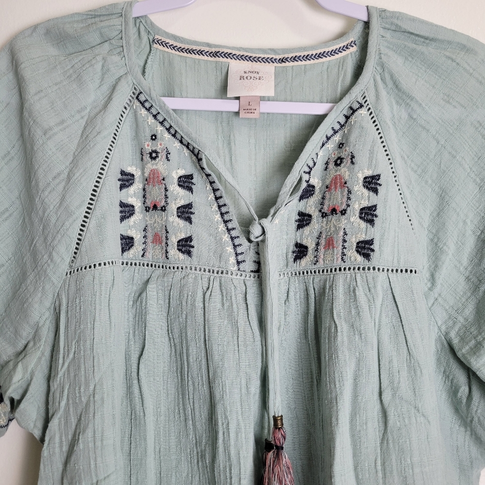KNOX ROSE Boho Embroidered Gauze Cotton Bobydoll Top L - Picture 5 of 10